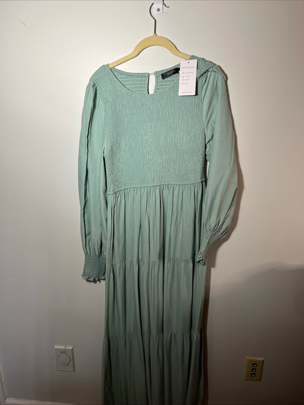 Jessica Sage Green Smocked Bodice Long Sleeve Maxi Dress